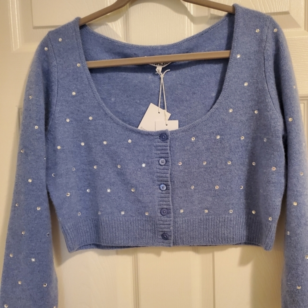 Reformation Cropped Cardigan Sweater, Crystal Rhinestone, 100% Wool, Large, NWT